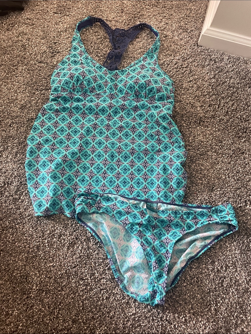 Motherhood Maternity Turquoise Patterned Tankini with Navy Lace Racerback